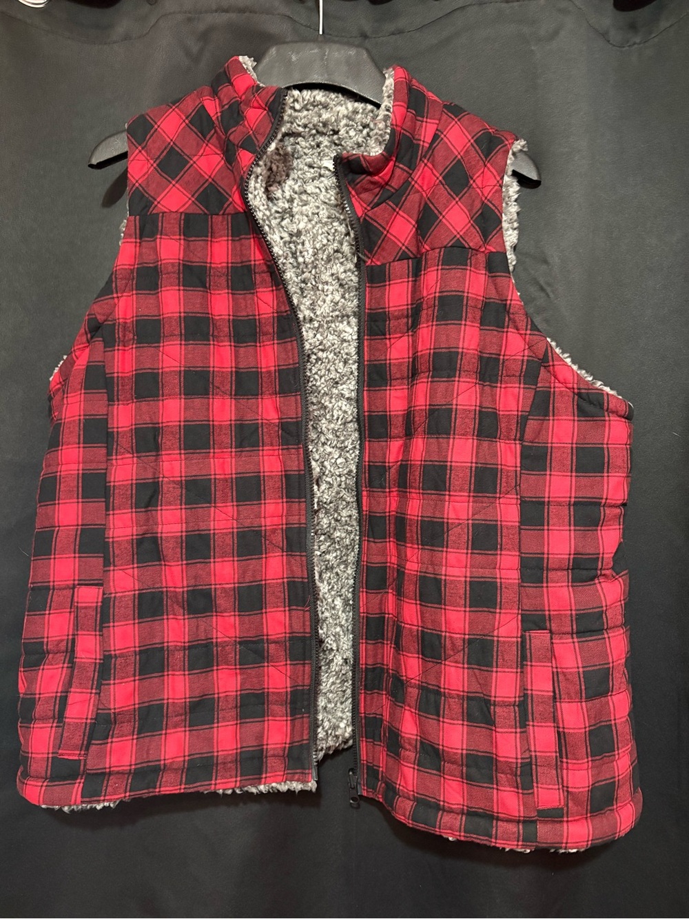 Maurices Red and Black Plaid Reversible Sherpa Vest